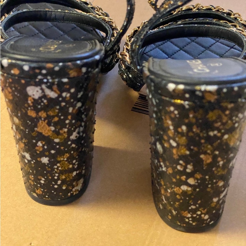 CHANEL Women's Sandals in Black with Gold Accents - Picture 3 of 5